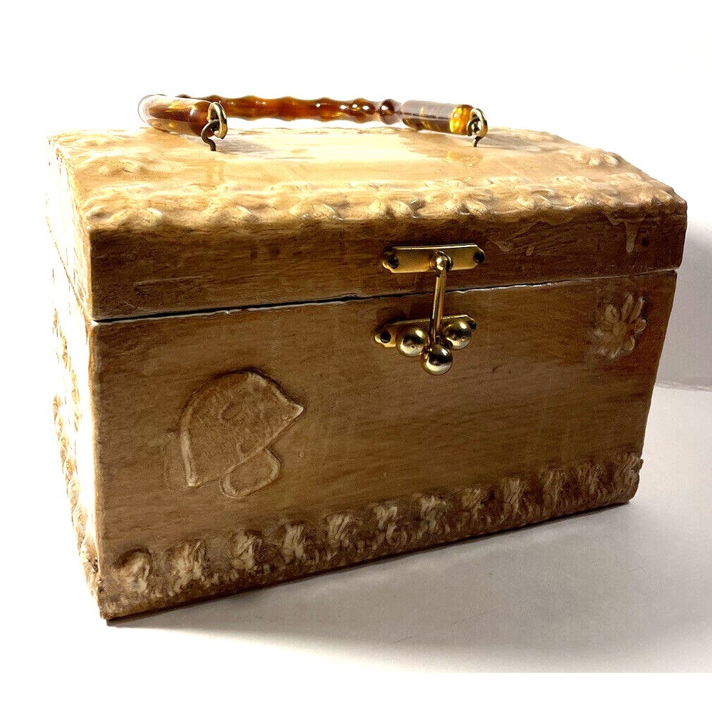 Vintage Hand-Carved Wooden Box Purse Overlay w/Flowers, inside Top Lace & Gold